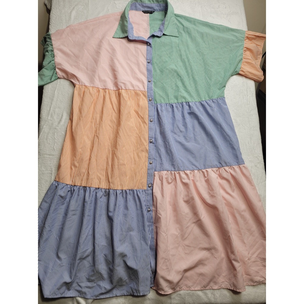Simplee Plus Shirt Dress Women 4XL Multicolor Striped Tiered Button Up